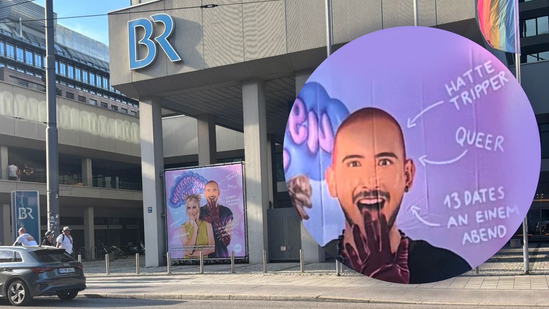 Bayerischer Rundfunk hängt sich riesiges queeres Tripper-Plakat an die Zentrale